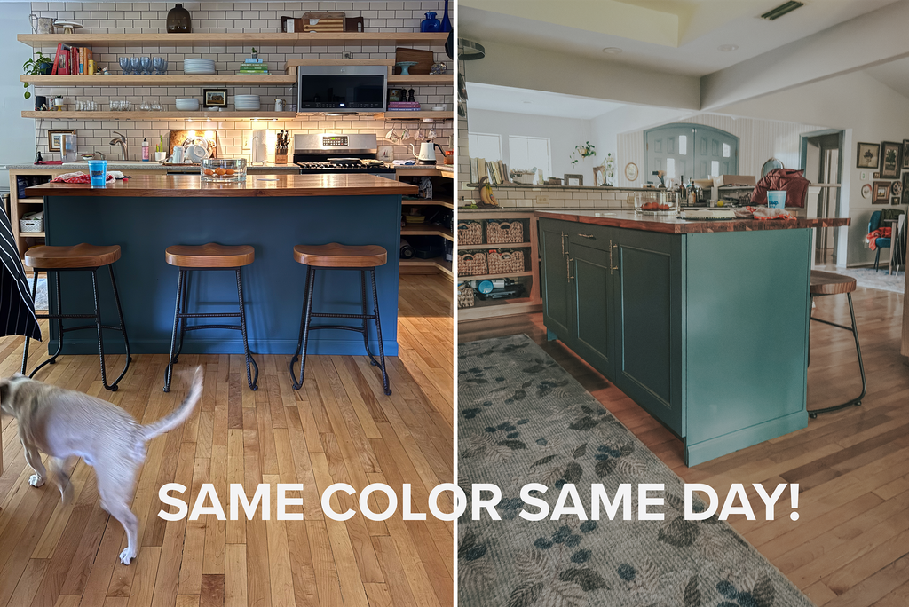 DIY kitchen island makeover with Homestead Blue paint and vintage brass hardware